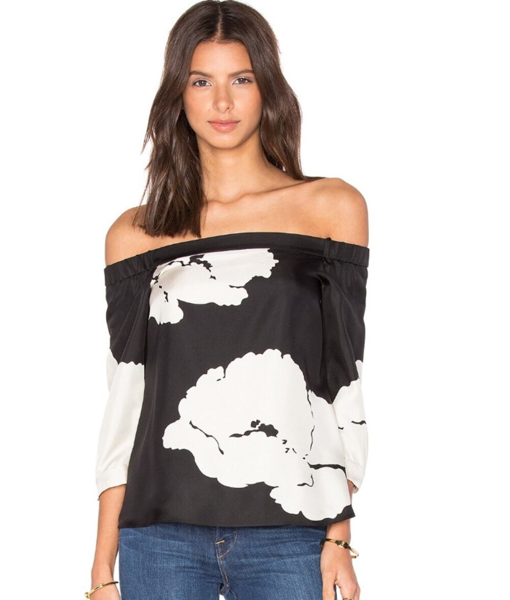 Tibi Off the Shoulder Black and Ivory Floral Silk Blouse, Size 6